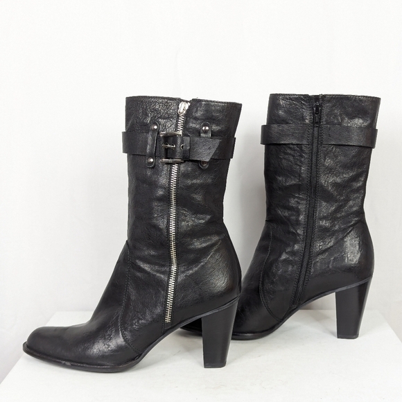 Stuart Weitzman Black Leather Heeled Midcalf Moto Boots - Picture 3 of 9
